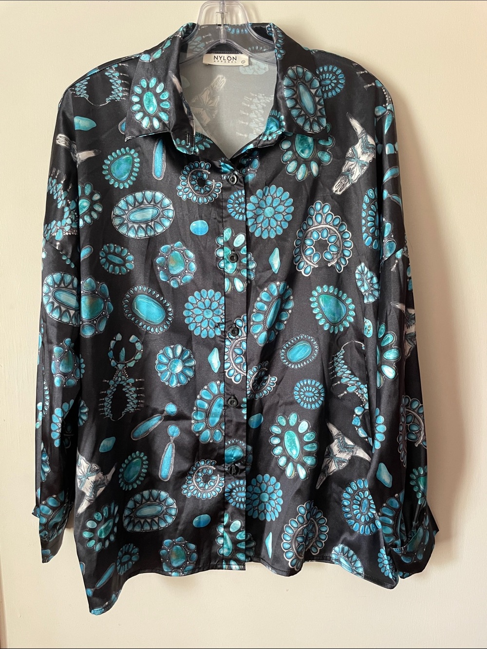 Nylon Apparel:Black Button-Up Blouse with Turquoise Floral Medallions